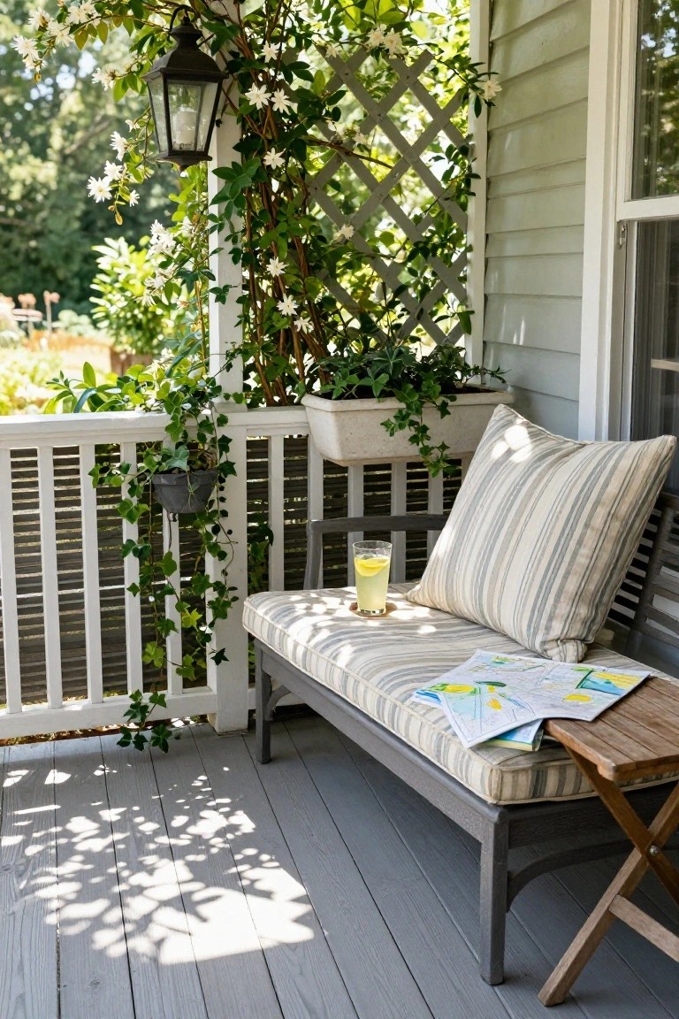 Gray cushioned bench on a porch deck with white balustrade railing, climbing green ivy and white flowering vines on lattice, hanging lantern, potted plants, small wooden folding table holding folded maps and a glass of lemonade with lemon slice.