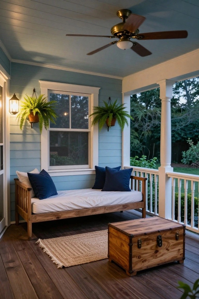 Covered porch with light blue shiplap walls and white trim featuring a wooden daybed with white mattress and navy pillows, wooden trunk, braided rug on deck floor, hanging ferns, ceiling fan, wall lantern, and view of greenery beyond railing.