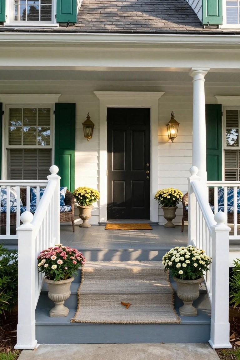 White clapboard colonial house exterior with green shutters, black front door on a covered porch supported by white columns, wicker chairs with blue cushions, yellow and pink mum plants in terracotta urns flanking the gray-painted porch steps, wall lanterns, and a woven welcome mat.