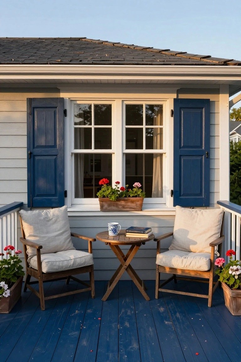 Blue wooden deck with two beige cushioned wooden armchairs flanking a small round wooden table holding a mug and book, next to a house wall featuring a white window with blue shutters and a flower box of red geraniums, potted plants on the deck.