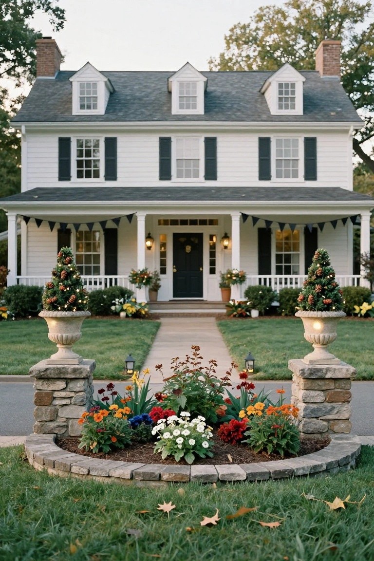 White colonial-style house with black shutters and a covered porch, decorated with black pennant bunting strung across the railing, lit pine topiaries in urns on the porch corners, flower planters, lanterns, and a curved stone flower bed with fall blooms in the foreground.