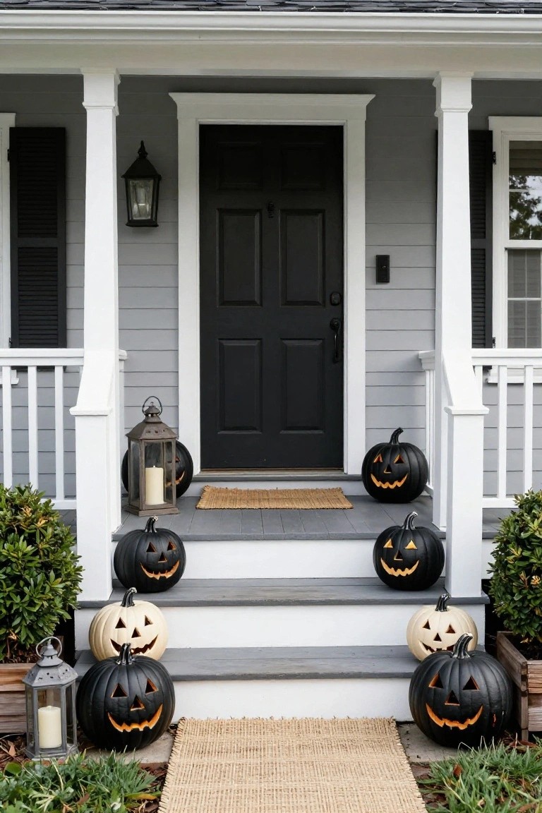 Gray clapboard colonial house with black front door, white porch columns and railing, steps lined with black and white jack-o-lantern pumpkins, lanterns, and seagrass mats on the porch and path.