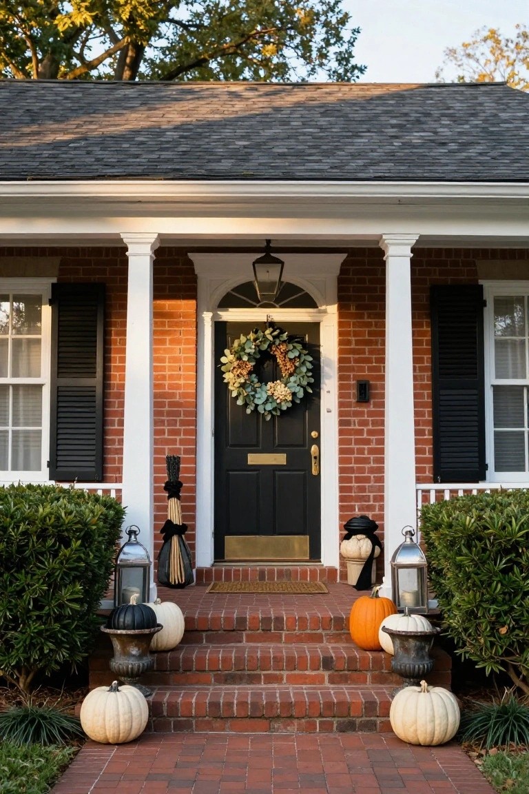 Colonial brick house exterior featuring a black front door with multicolored fall wreath, white pumpkins on red brick steps, black lanterns and brooms on the porch, flanked by white columns and shrubs.