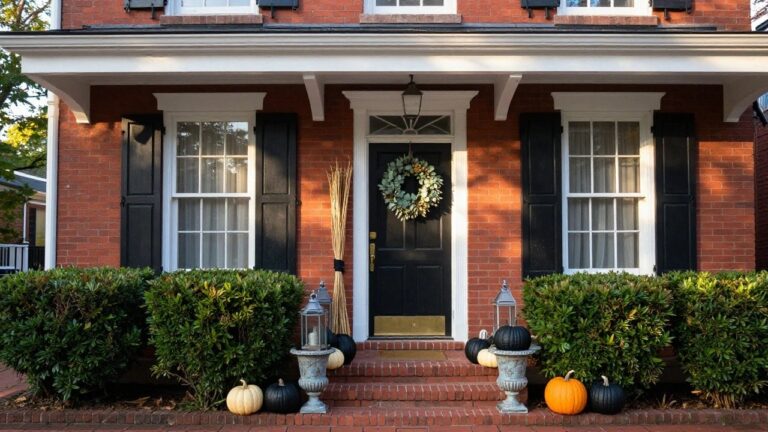 Colonial brick house exterior featuring a black front door with multicolored fall wreath, white pumpkins on red brick steps, black lanterns and brooms on the porch, flanked by white columns and shrubs.