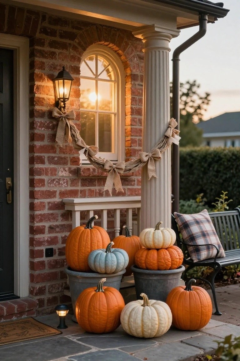 Brick colonial-style house porch at dusk with assorted pumpkins in galvanized metal buckets, burlap garland on column and window, lanterns, plaid pillow on bench, and front door.