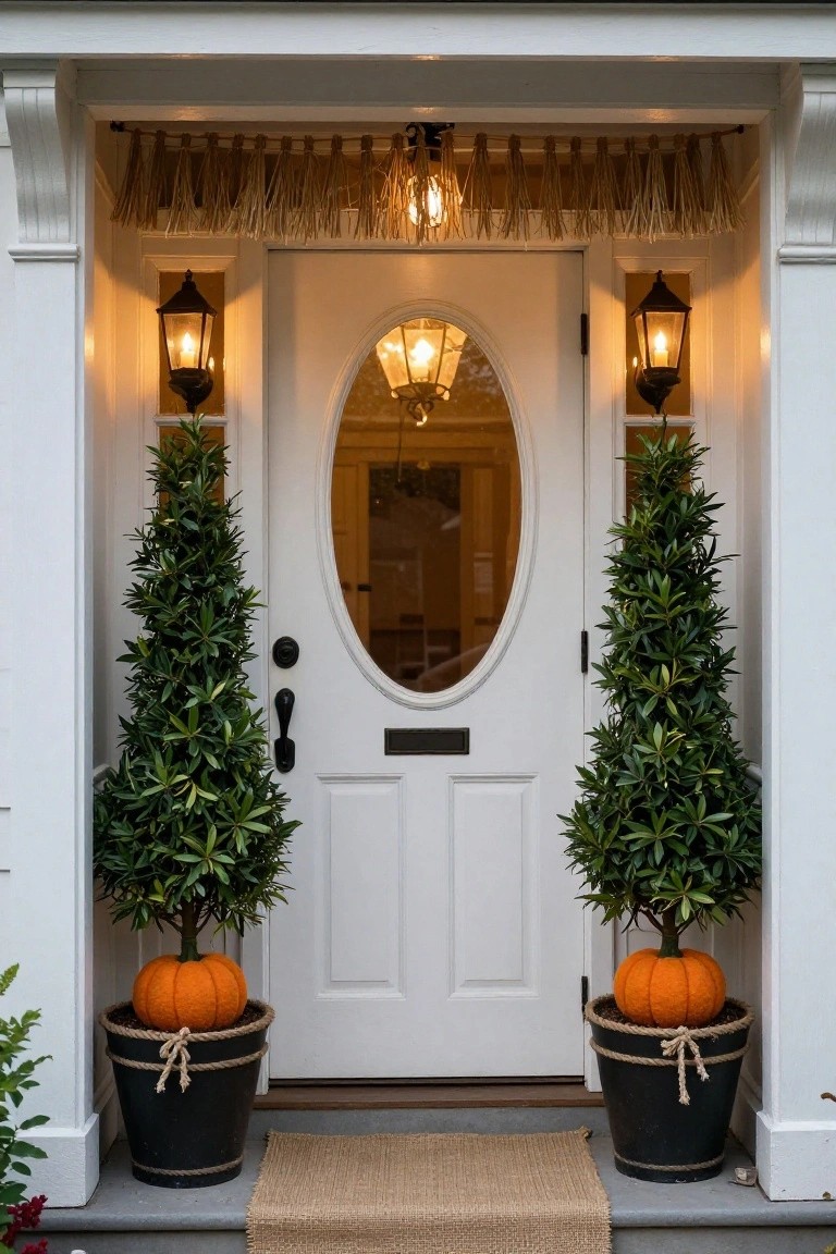 White colonial front door with oval window and brass knocker, flanked by tall potted topiary trees topped with orange pumpkins in black rope-trimmed pots, wall lanterns lit warmly, grass fringe banner overhead, sisal rug on steps.