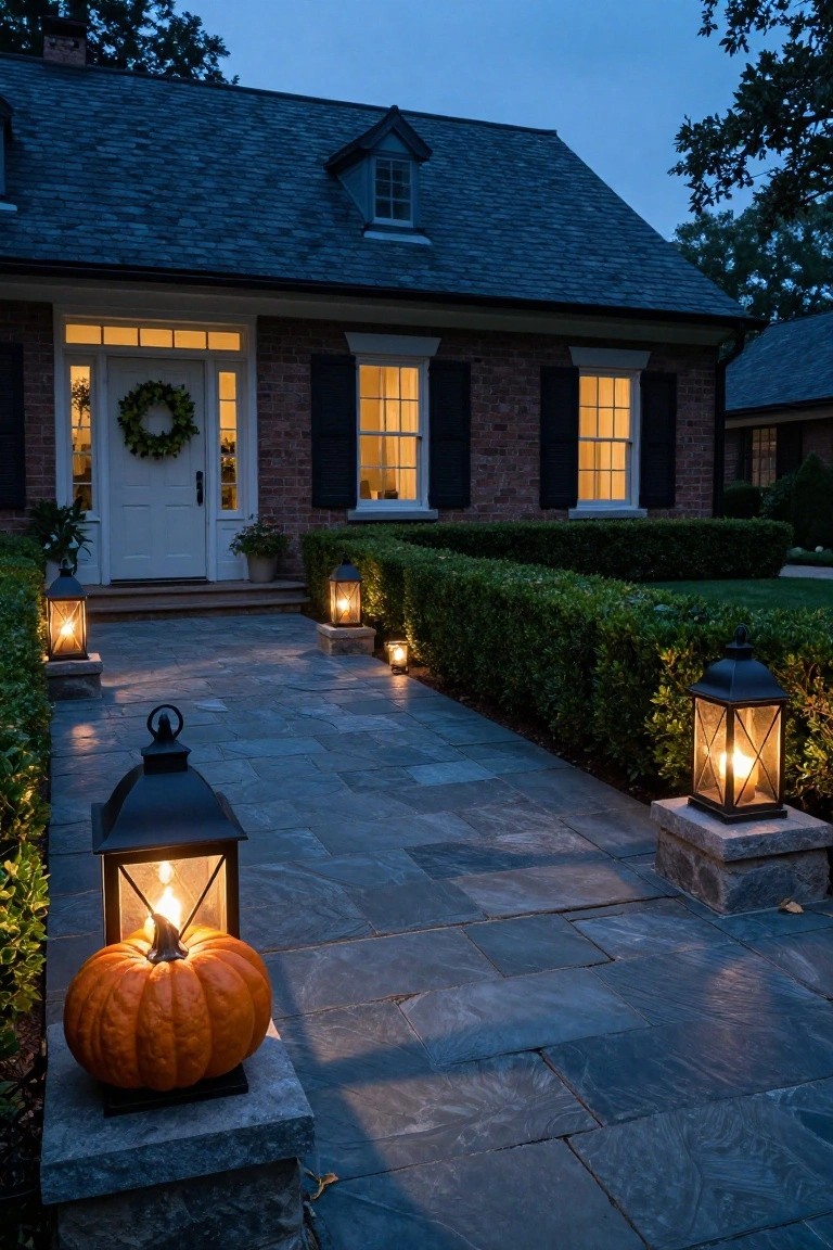 Colonial brick house exterior at dusk with lit black metal lanterns on stone pedestals along a slate pathway leading to a white front door with evergreen wreath, flanked by boxwood hedges, and a pumpkin on a pedestal beside one lantern.