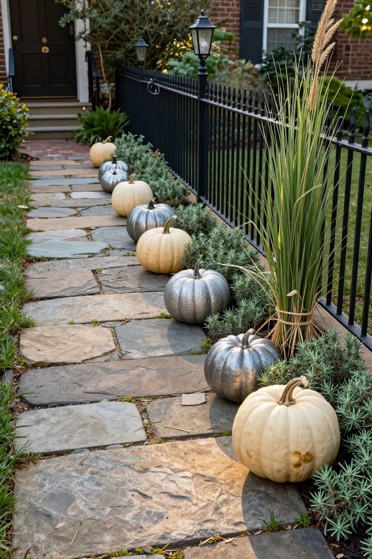 Stone walkway lined with white and silver pumpkins leading to the dark wooden front door of a brick colonial house, bordered by black iron fence, pampas grass bundles, and low green plants.
