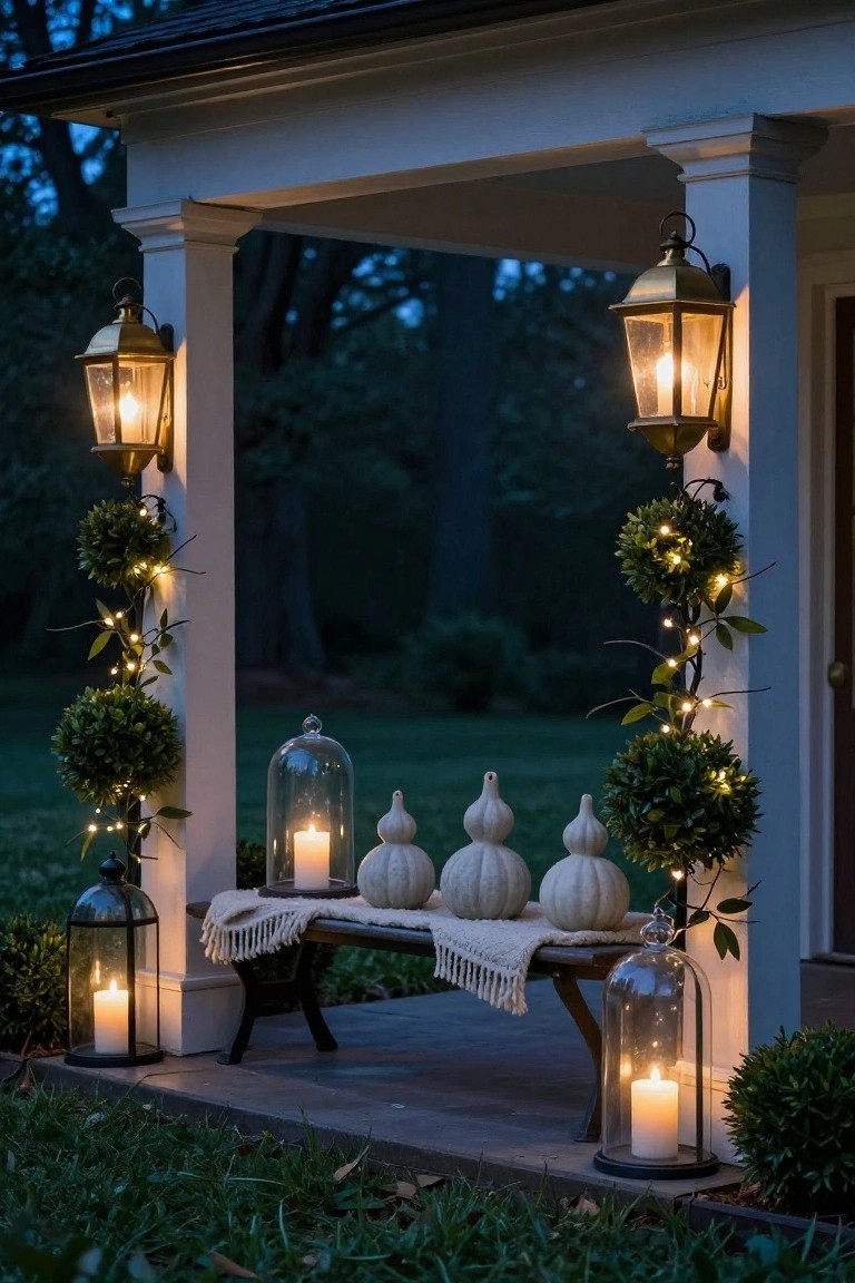 Colonial porch at dusk with a wooden bench holding white pumpkins under glass domes on a throw blanket, flanked by lanterns with candles and boxwood topiaries with fairy lights on white columns.