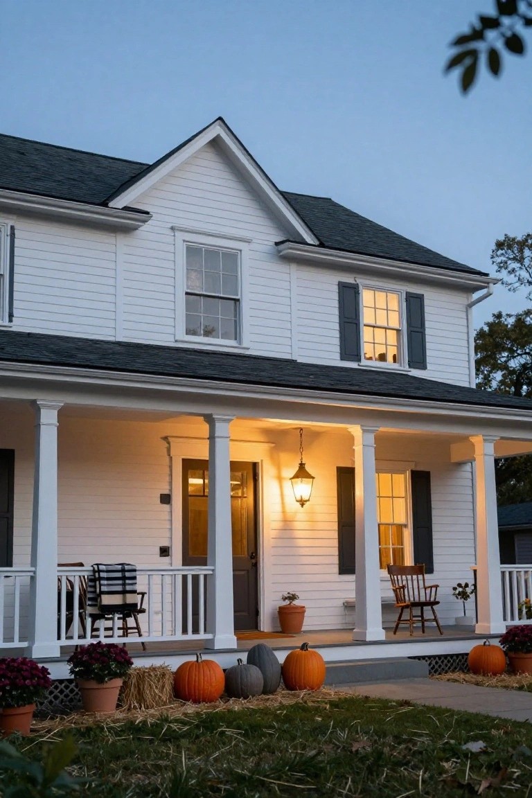 White colonial-style house exterior at dusk with wraparound porch, lanterns hanging from ceiling, wooden chairs, pumpkins and hay bales on steps, potted plants in yard.