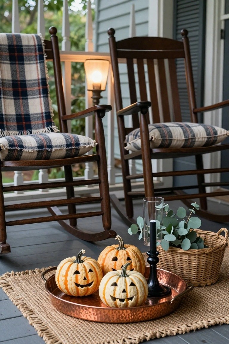 Copper tray on a porch mat holding three small carved orange pumpkins, a black candle holder, and eucalyptus sprigs, positioned between two wooden rocking chairs with plaid cushions and blankets.
