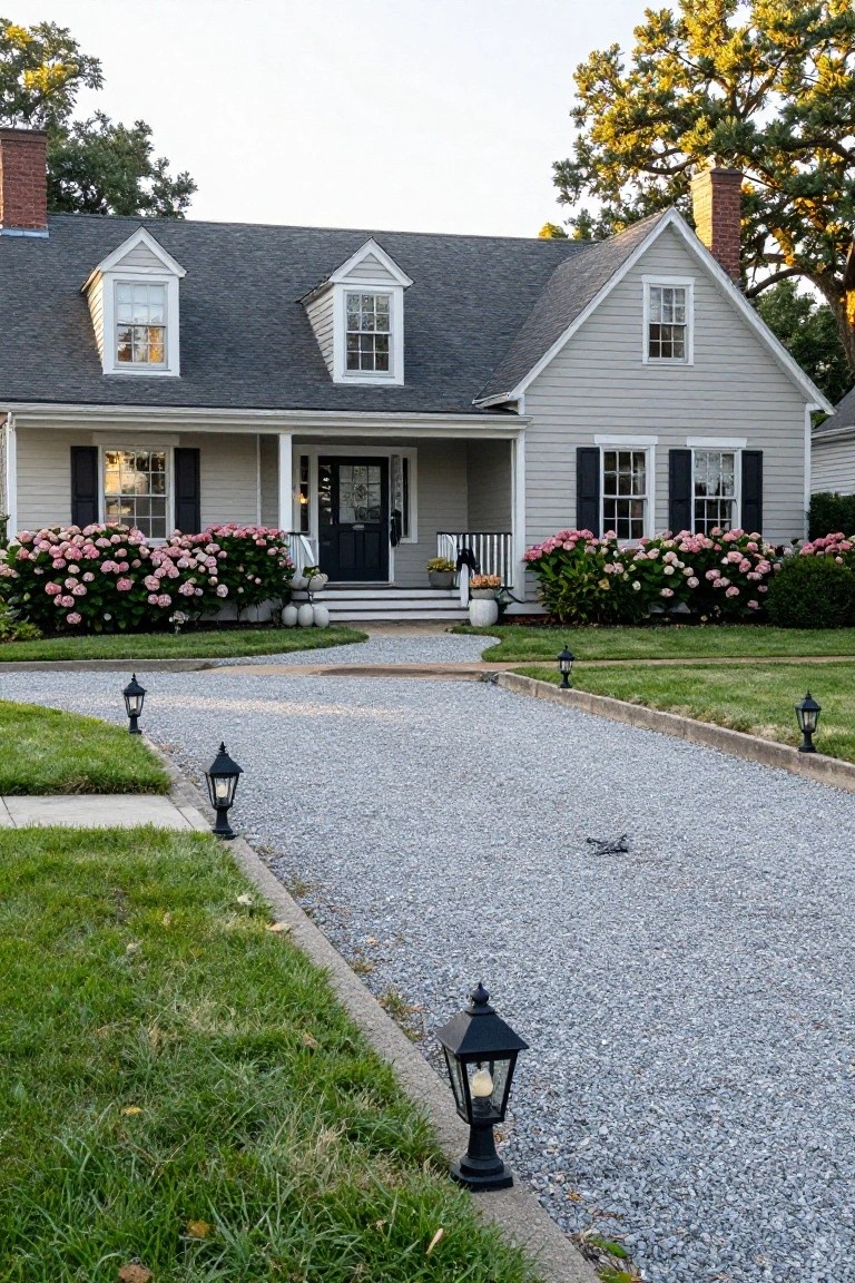 Gray clapboard colonial house with gabled roof, dormer windows, covered front porch, large pink hydrangea bushes flanking the steps, gravel driveway edged by grass and black lantern post lights
