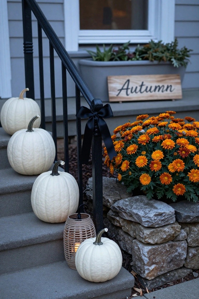 Front concrete steps of a gray-sided house with black metal railing, lined with white pumpkins of varying sizes, orange mums in pots, a rattan lantern, stacked rocks, and a wood 