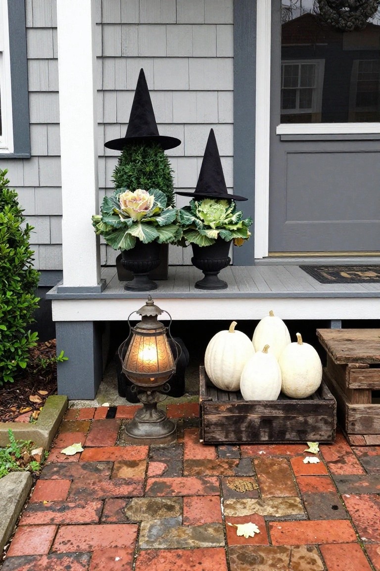 Gray shingled colonial house porch with black witch hat topiaries on boxwood and kale in urns flanking the door, white pumpkins in wooden crates, a metal lantern on steps, and brick pavers.
