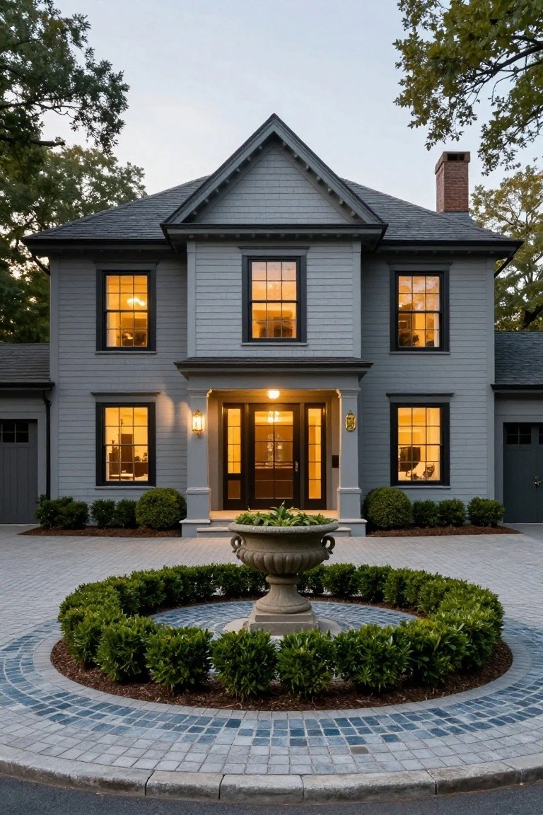 Gray shingle two-story colonial house exterior at dusk with symmetrical black-trimmed windows, central portico entry with double doors, side-by-side garages, and circular paver driveway featuring central stone urn planter ringed by boxwood shrubs.