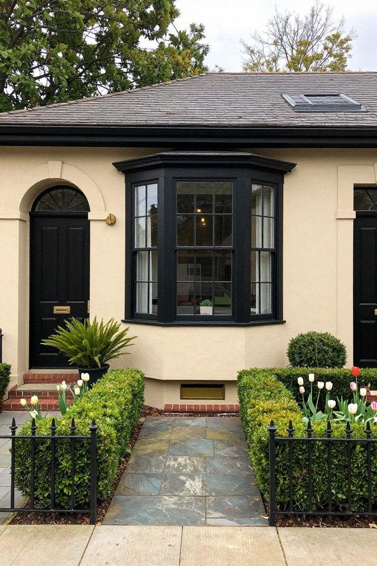 Beige stucco house exterior with black double doors, arched fanlight, black-framed bay window, potted ferns, boxwood hedges edged in black iron fencing, tulips, and slate stone path on a sidewalk.