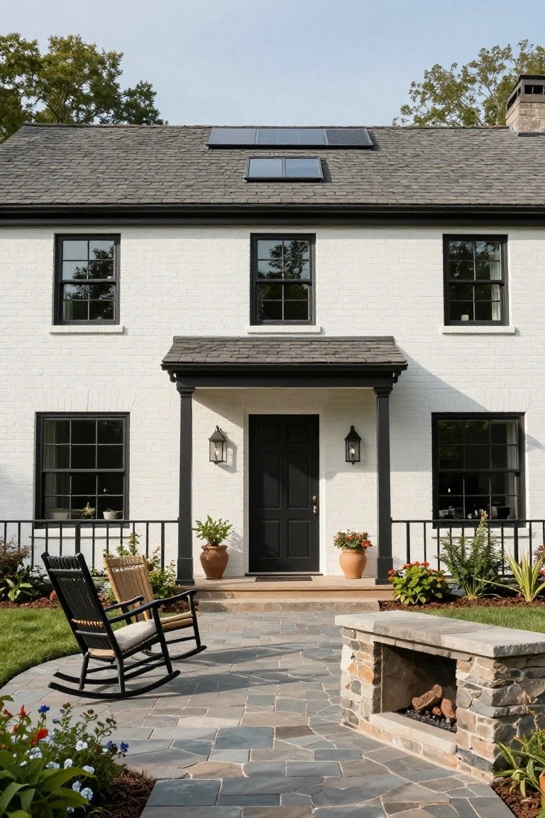 Front exterior of a two-story white brick house with gray shingle roof, black-framed windows, black front door under a small portico with lanterns, potted plants flanking the entry, black metal railing, stone paver patio with two rocking chairs, stone fire pit, and surrounding landscaping.