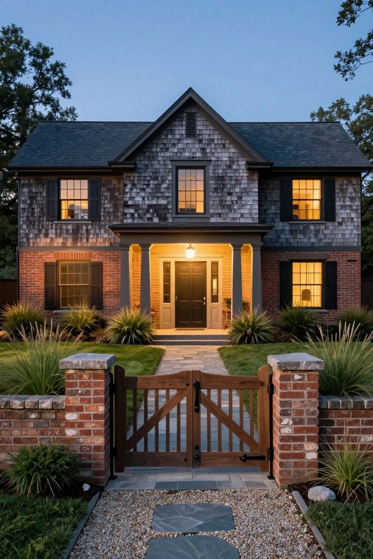 Twilight photo of a two-story Colonial house with dark shingle siding on the upper level, red brick base and accents, columned front portico with black door and lantern, wooden garden gate, and low plants in the front yard.