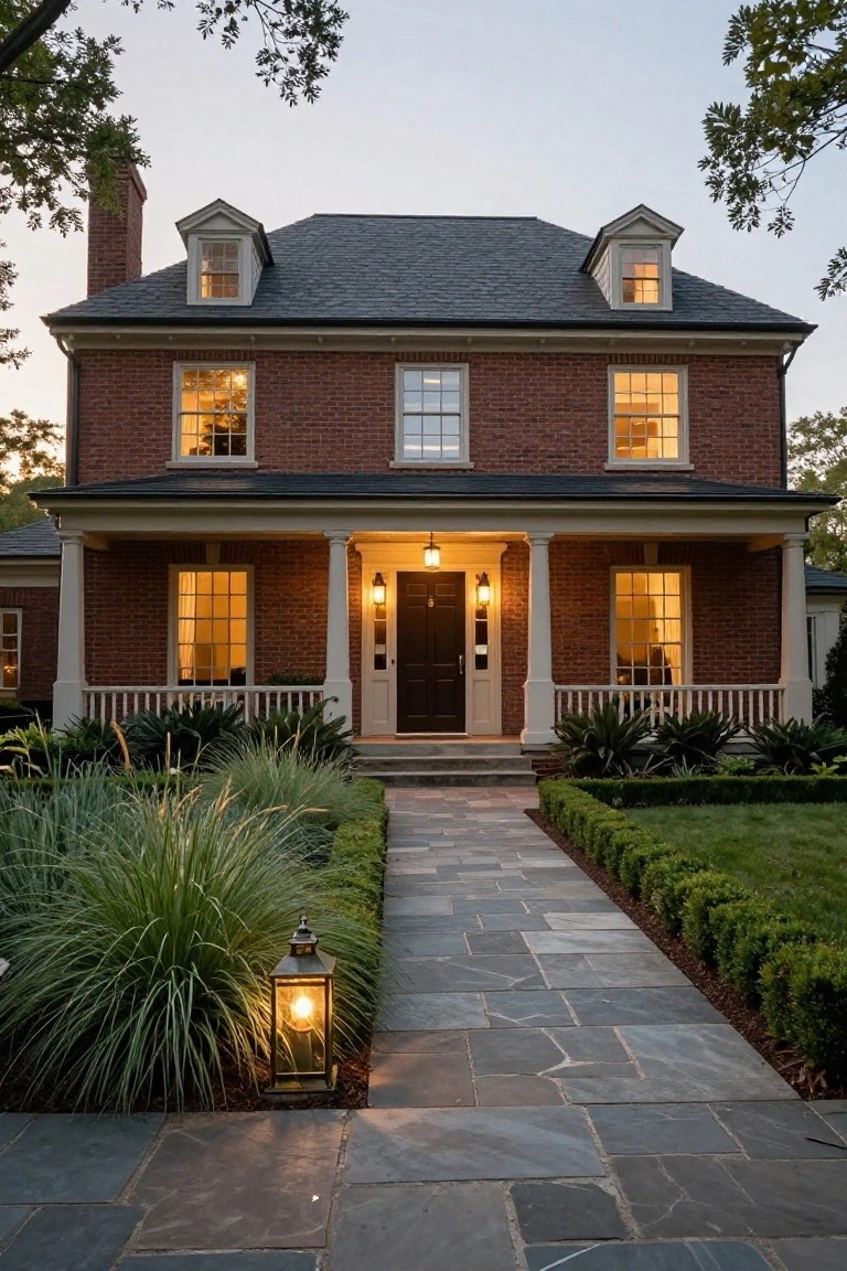 A two-story red brick colonial house with slate roof, centered covered porch supported by white columns, dark front door flanked by lanterns, lit windows, stone walkway, and ornamental grasses and hedges at dusk.