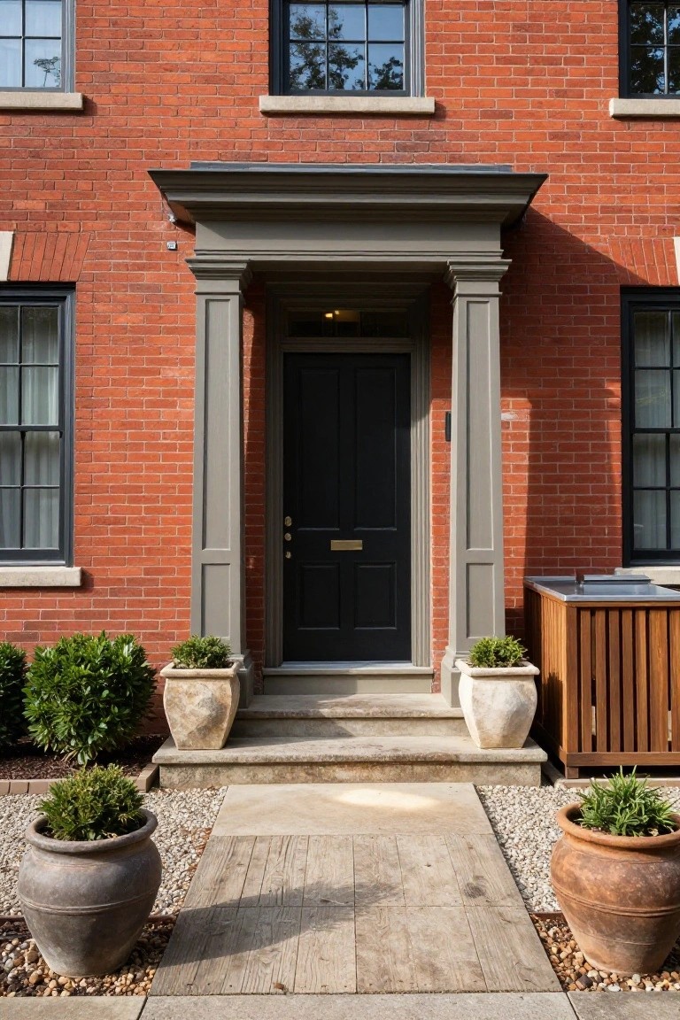 Red brick house facade with a black front door centered under a gray pedimented portico supported by two columns, flanked by large terracotta pots containing boxwood shrubs, stone steps, and a wooden pathway edged with gravel.