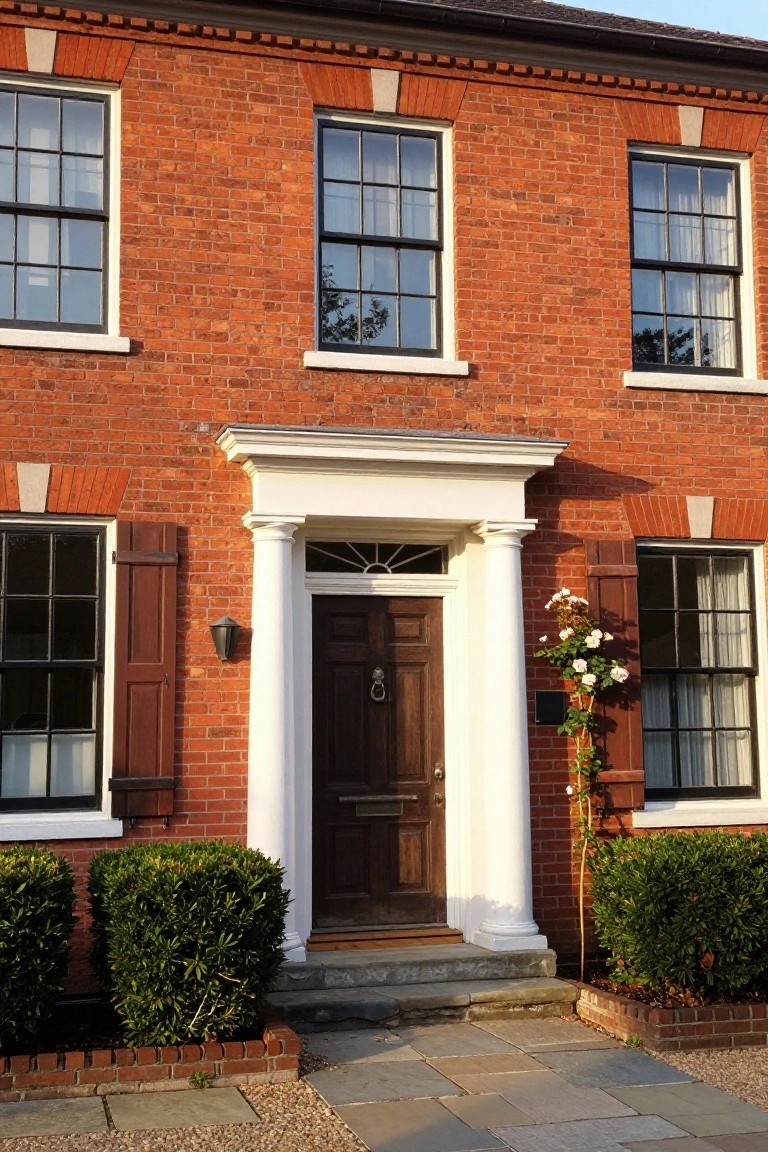 Red brick three-story house with black-framed windows and shutters, white portico supported by columns framing a dark wood front door with brass knocker and handle, flanked by boxwood shrubs and a rose standard on a stone path with gravel driveway.