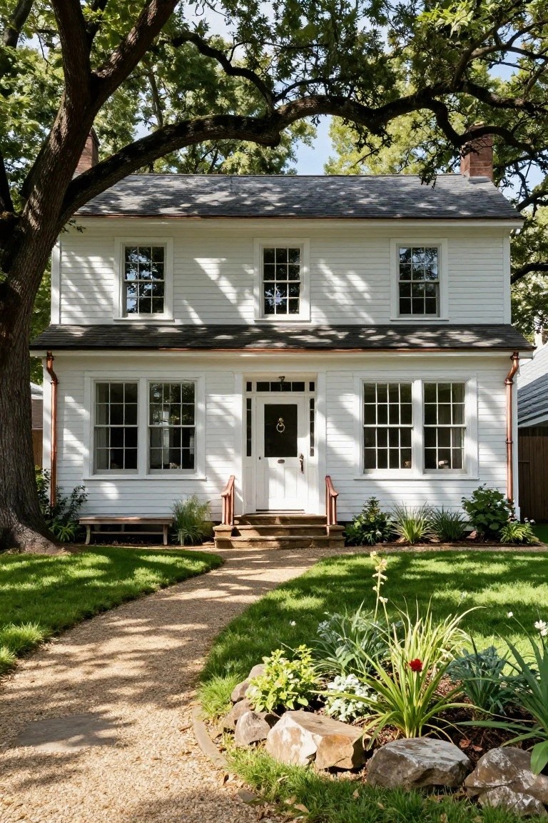Two-story white clapboard colonial house with symmetrical multi-pane windows, black roof, copper gutters and downspouts, centered front door with stone steps, wooden bench to the side, gravel pathway, flower beds with rocks, and large oak tree in the front yard.