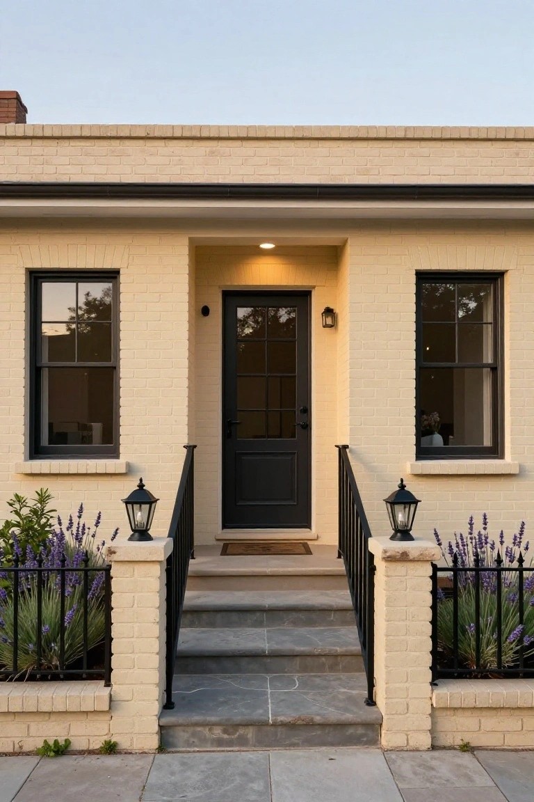 Beige brick single-story house exterior with central black front door featuring glass panels, black-framed windows on each side, short steps with black metal railings and lanterns, lavender plants in beds, and a doormat at the entry.
