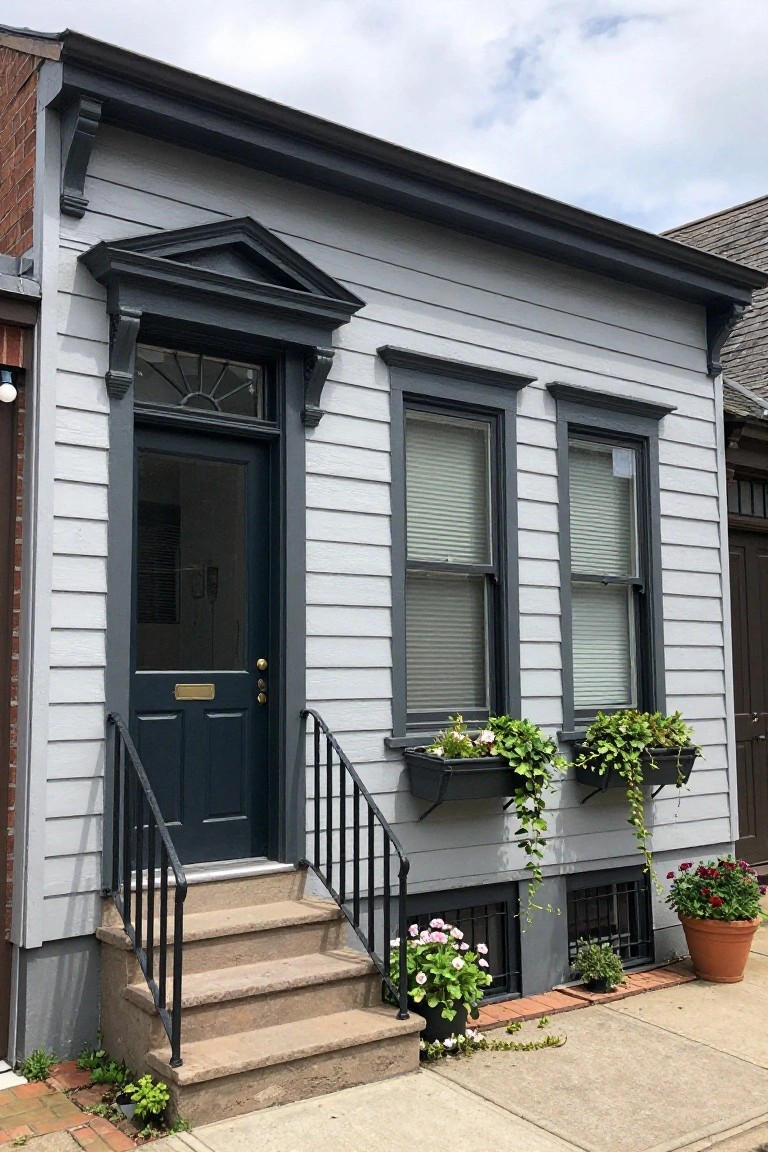 Light gray clapboard house exterior with dark trim around windows and a pedimented front door, black railing on front steps, window boxes with green plants, and potted flowers nearby.