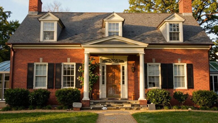 Red brick three-story house with black-framed windows and shutters, white portico supported by columns framing a dark wood front door with brass knocker and handle, flanked by boxwood shrubs and a rose standard on a stone path with gravel driveway.