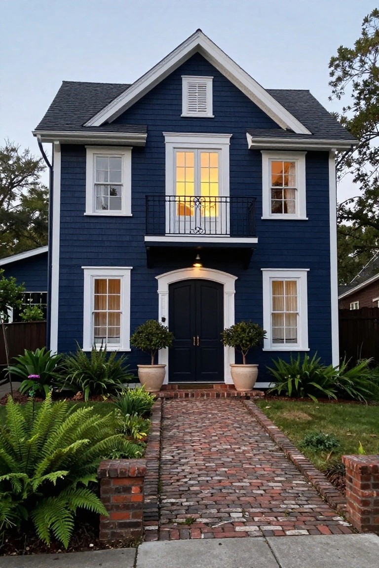 Two-story navy blue shingle house with white trim, black front door, second-floor balcony, brick walkway, potted plants, and surrounding greenery on a sidewalk.