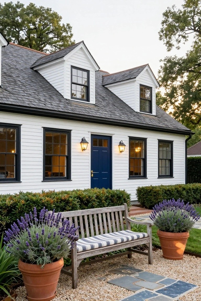 White clapboard colonial house with gabled roof, black window frames, navy blue front door flanked by lanterns, boxwood hedges, potted lavender plants, wooden bench with striped cushion, and stone pathway on gravel.