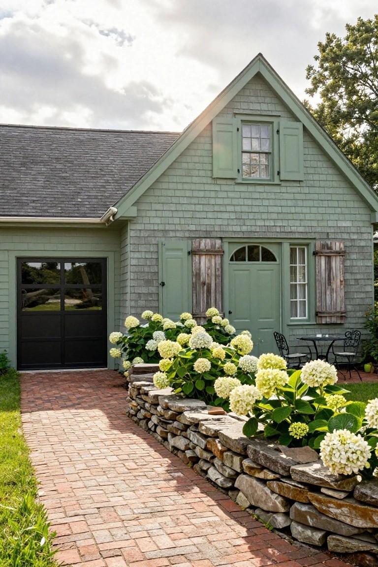Sage green shingled house with black garage door, green entry door with shutters, hydrangea bushes along a stone wall, and brick walkway leading to the entrance.