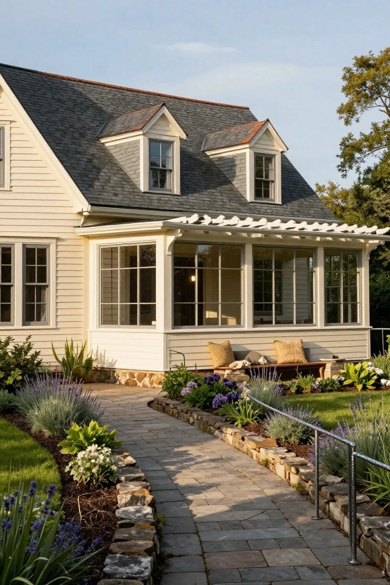 Beige clapboard colonial house with dark slate roof, dormer windows, and attached white-framed glass sunroom porch under wooden pergola, with curved paver path and purple flower beds leading to entry.