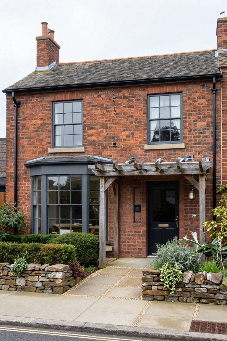 Red brick two-story house with black-framed sash windows, projecting bay window, black front door under a wooden pergola, stone garden walls with plants and gravel path leading to the street.