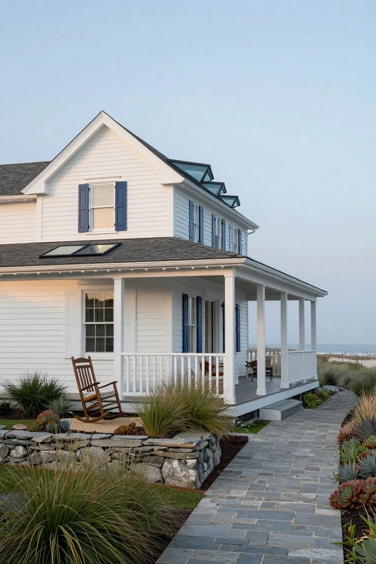 White shingled colonial house with blue shutters, wraparound porch, rocking chair, stone pathway, and dune grasses leading to beach.