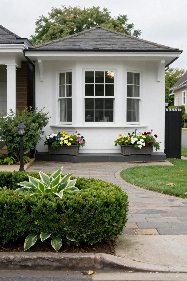 White architectural house addition with bay window and flower boxes on planters, approached by a curved gray paver walkway edged by low boxwood shrubs and variegated hosta plants.