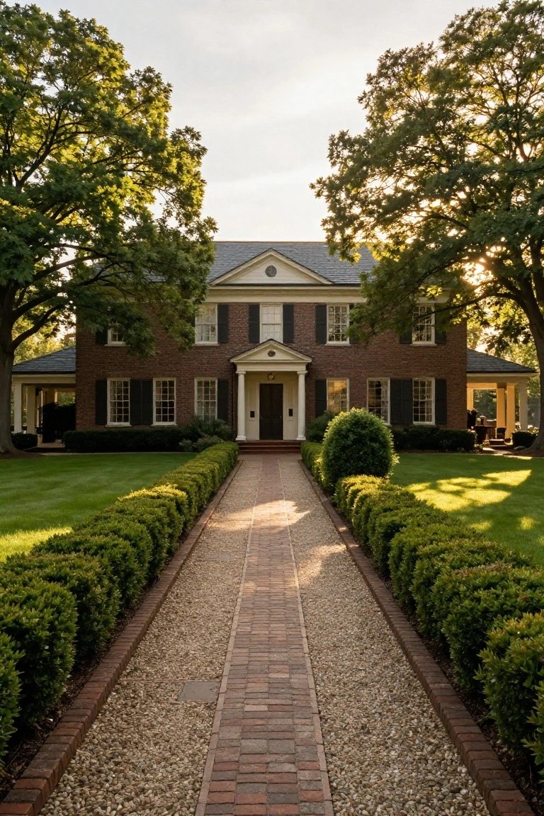 Red brick colonial house with slate roof, white columns at the entry door, large trees on sides, manicured lawn, and brick pathway lined with boxwood hedges edged in gravel.