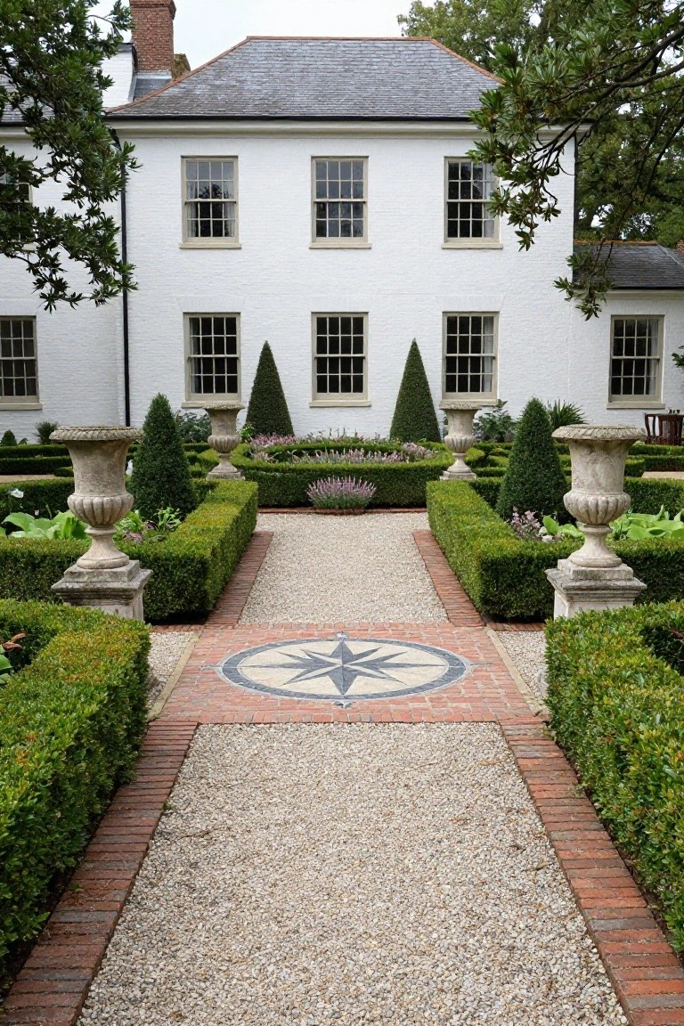White multi-window house with slate roof behind symmetrical boxwood parterre garden, gravel path edged in brick with compass rose, and stone urns on pedestals.