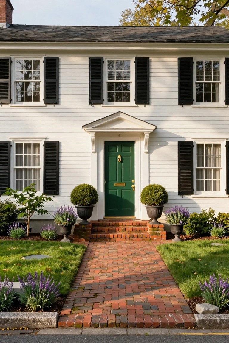 White colonial house with black shutters and green front door flanked by boxwood topiary spheres in urns on brick steps, lavender plants along a brick walkway edged by low stone walls and grass.