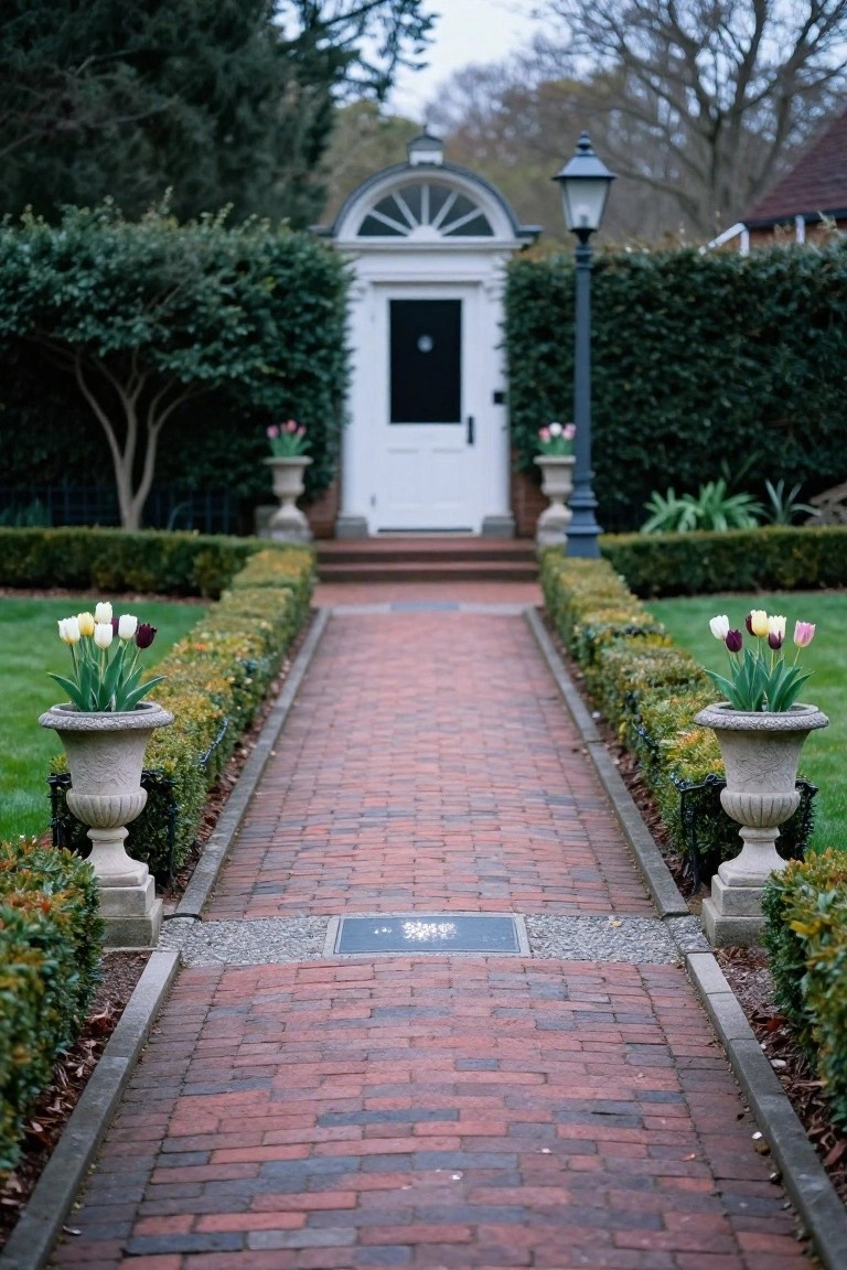 A red brick pathway lined with low boxwood hedges and stone urns filled with colorful tulips leads to a white front door with a fanlight window, set amid manicured green shrubs and lawn.