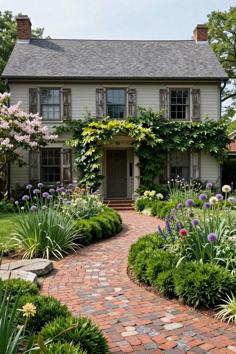 Beige clapboard colonial house with dark green shutters and vines on the porch columns, fronted by a curved red brick pathway edged in boxwood shrubs and purple allium flowers amid green lawn.