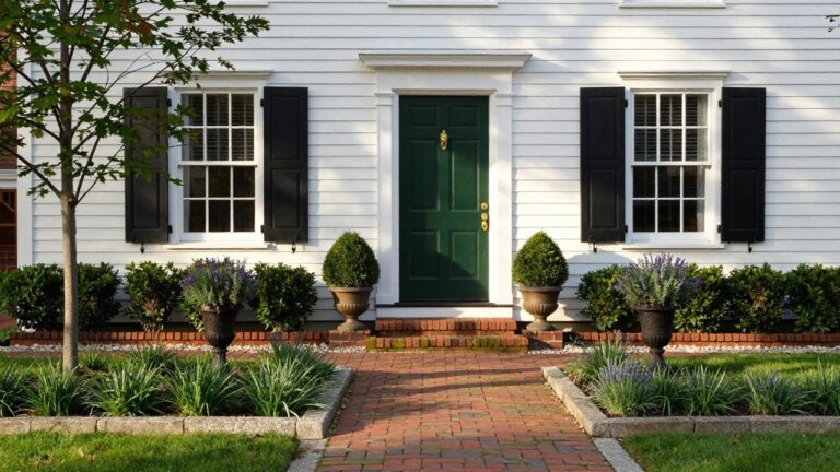 White colonial house with black shutters and green front door flanked by boxwood topiary spheres in urns on brick steps, lavender plants along a brick walkway edged by low stone walls and grass.