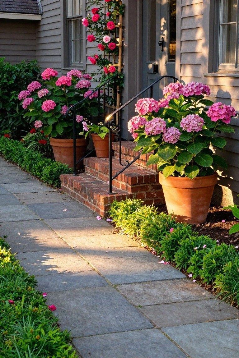 Colonial style house front with gray shingle siding, brick entry steps flanked by large terracotta pots filled with pink hydrangea plants, climbing roses on a metal trellis beside the door, and a stone walkway edged with green shrubs.