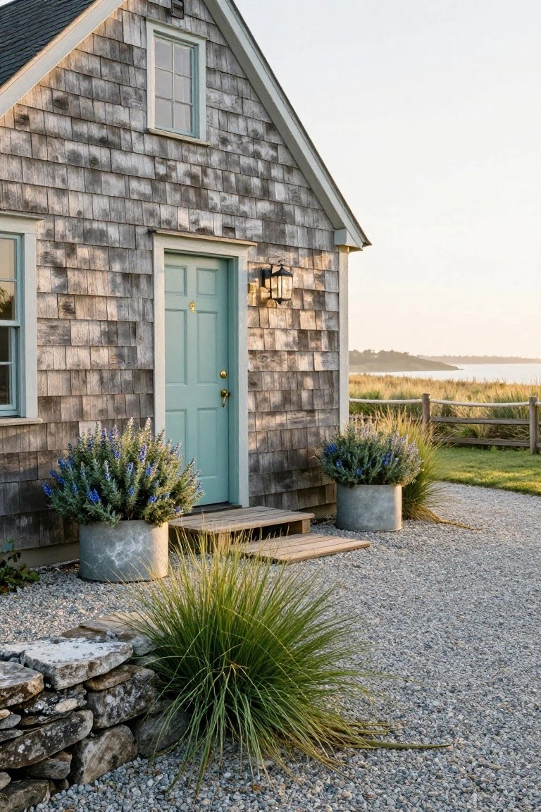 Gray cedar shingle house exterior with light green front door flanked by two large galvanized metal pots filled with blooming blue lavender plants, wooden steps, gravel path, ornamental grasses, stone retaining wall, and beach dunes in the background.