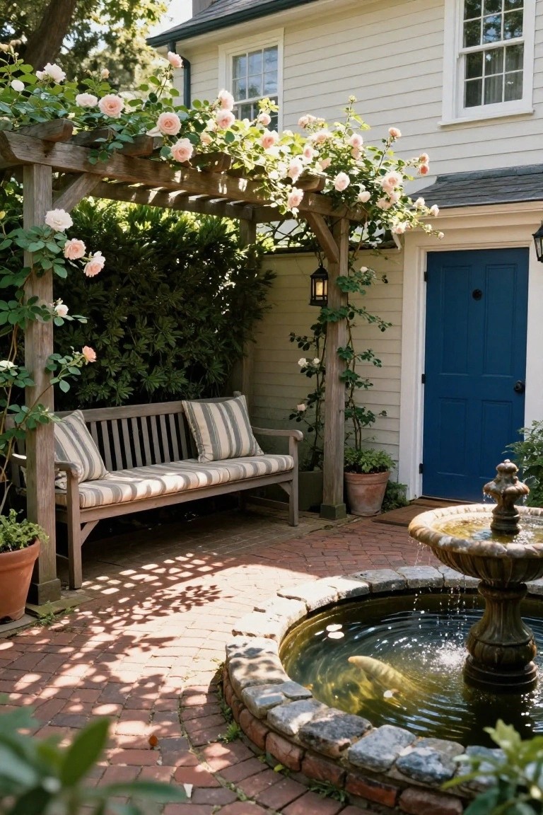 Wooden pergola covered in pink climbing roses shading a cushioned bench on a brick patio next to a white clapboard house with a blue door, potted plants, greenery, and a circular stone fountain with water and a fish.