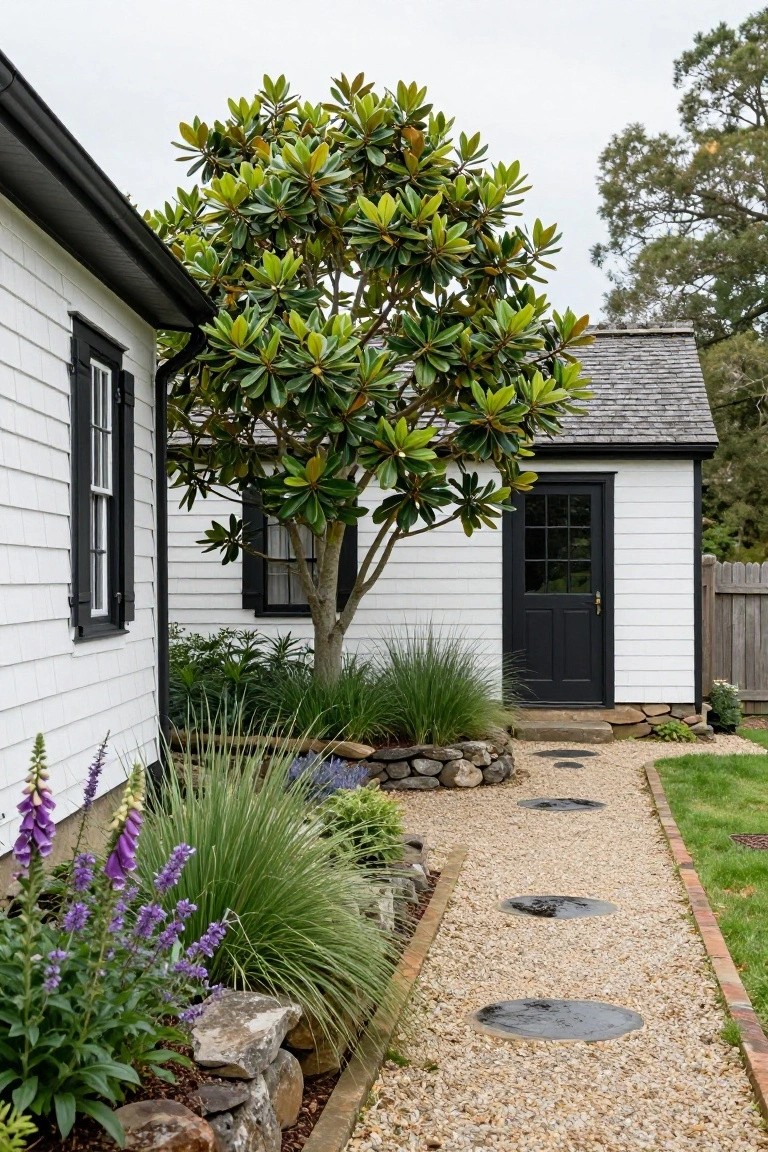Side of a white shingled colonial house with black shutters and trim, next to a gravel path with circular black stone pavers, bordered by foxglove flowers, ornamental grasses, rocks, and a magnolia tree, leading toward a small black-doored outbuilding and lawn.