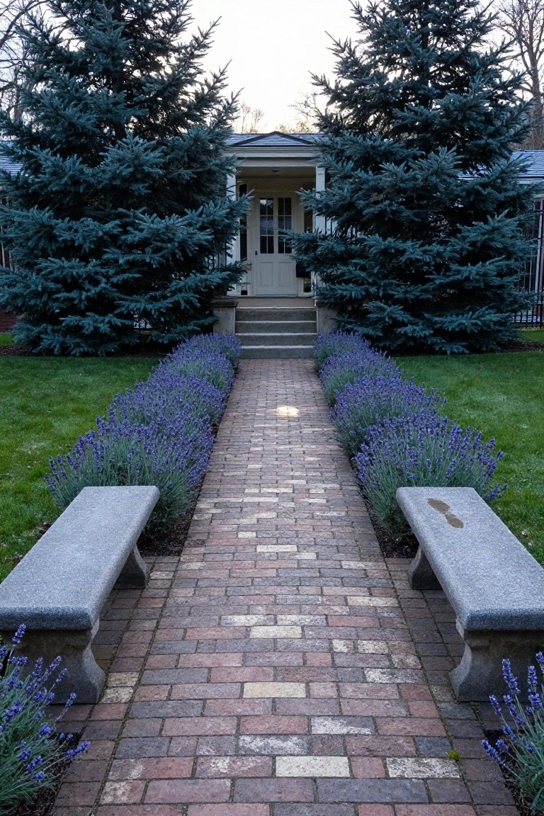 Brick walkway flanked by purple lavender plantings and granite benches leading to the steps of a white porch under tall blue spruce trees.