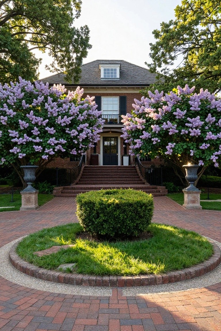 A symmetrical brick colonial house flanked by two large blooming lilac trees in stone urns on pedestals beside the front steps, with a brick pathway and central circular boxwood bed leading to the entry.