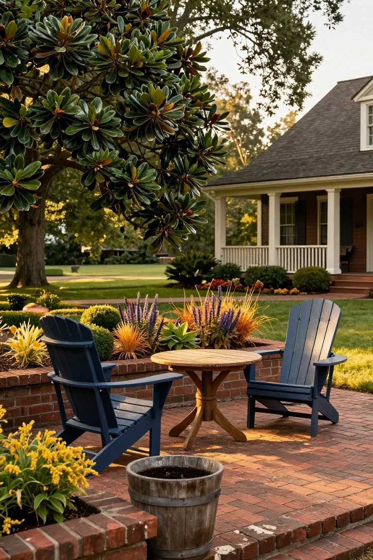 Brick patio with two navy Adirondack chairs around a round wooden table outside a white colonial house, bordered by raised brick planters filled with purple flowers, orange grasses, yellow blooms, and green shrubs under a large magnolia tree.