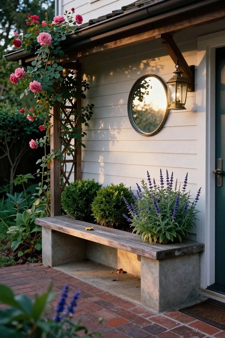 White clapboard house side entrance with green door, brass lantern light, round mirror, wooden trellis covered in pink climbing roses, boxwood shrubs, lavender plants in a pot, weathered concrete bench, and brick walkway.